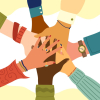 hands of diverse group people pulling together